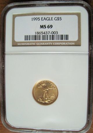 1995 $5 American Gold Eagle Ngc Ms - 69 (1/10 Oz) Brown Label & Ins photo