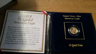 2001 $5 Five Dollar 1/10th Oz Fine American Pure Gold Eagle Coin 1591 photo