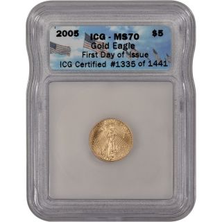2005 American Gold Eagle (1/10 Oz) $5 - Icg Ms70 - First Day Of Issue photo