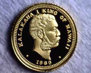 1989 Royal Hawaiian 1/10 Oz Proof.  9999 Gold Coin King Kalakaua photo