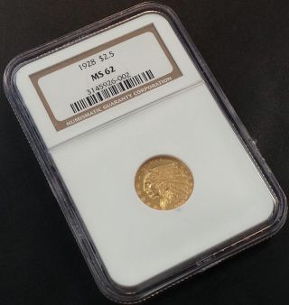 1928 Indian Head $2.  50 Gold Piece Certified Ms 62 By Ngc (two And One Half) photo