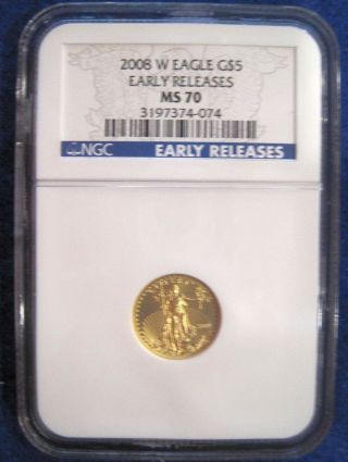2008 - W $5 Gold American Eagle Ngc Ms 70 1/10 Ounce Early Release Blue Label photo