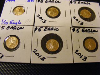 (6) $5 1/10th Ounce Gold Eagles (5) 2013 & (1) 1999 Uncirculated Bin $840.  00 photo
