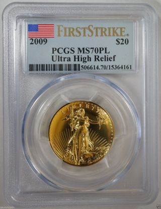 2009 Pcgs Ms70pl First Strike Ultra High Relief (uhr) $20 Gold Double Eagle Coi photo