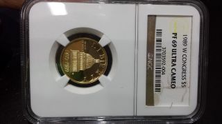 1989 W Congress $5 Pf 69 Ultra Cameo Gold Coin Ngc photo
