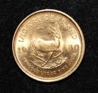 1980 South Africa 1/10 Ounce Gold Krugerrand.  999 Fine Gold Cb4 photo