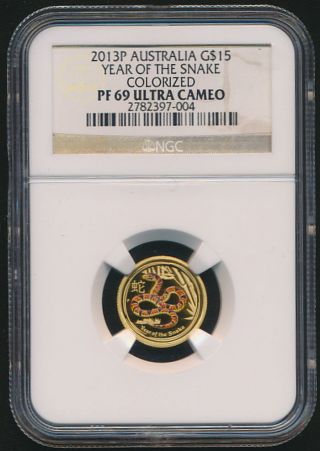 Australia 2013 $15 1/10oz Gold Coloured Proof Year Of The Snake Ngc Pf - 69 photo