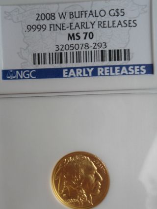 2008 W $5 American Buffalo.  9999 Fine Gold Ngc Ms - 70 Early Releases photo