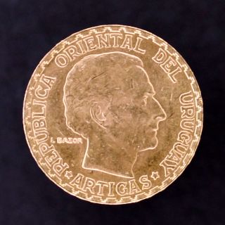 1930 Uruguay 5 Peso Gold Coin.  2501 Troy Oz Actual Gold Weight Agw - Artigas photo