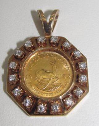 1982 1/10 Ounce Krugerrand Mounted In 14k Pendant With 16 Diamonds photo