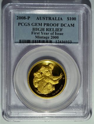 2008 - P Australia Pcgs Gem Proof Dcam High Relief 1oz.  9999 Gold $100 Dollar Coin photo