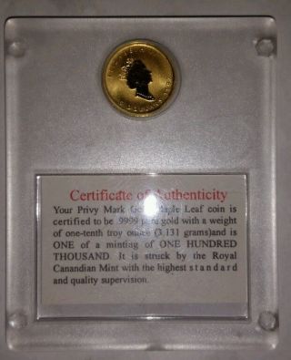 1997 Canada 1/10 Oz.  9999 Gold Maple Leaf Coin Family Eagle Privy Mark photo