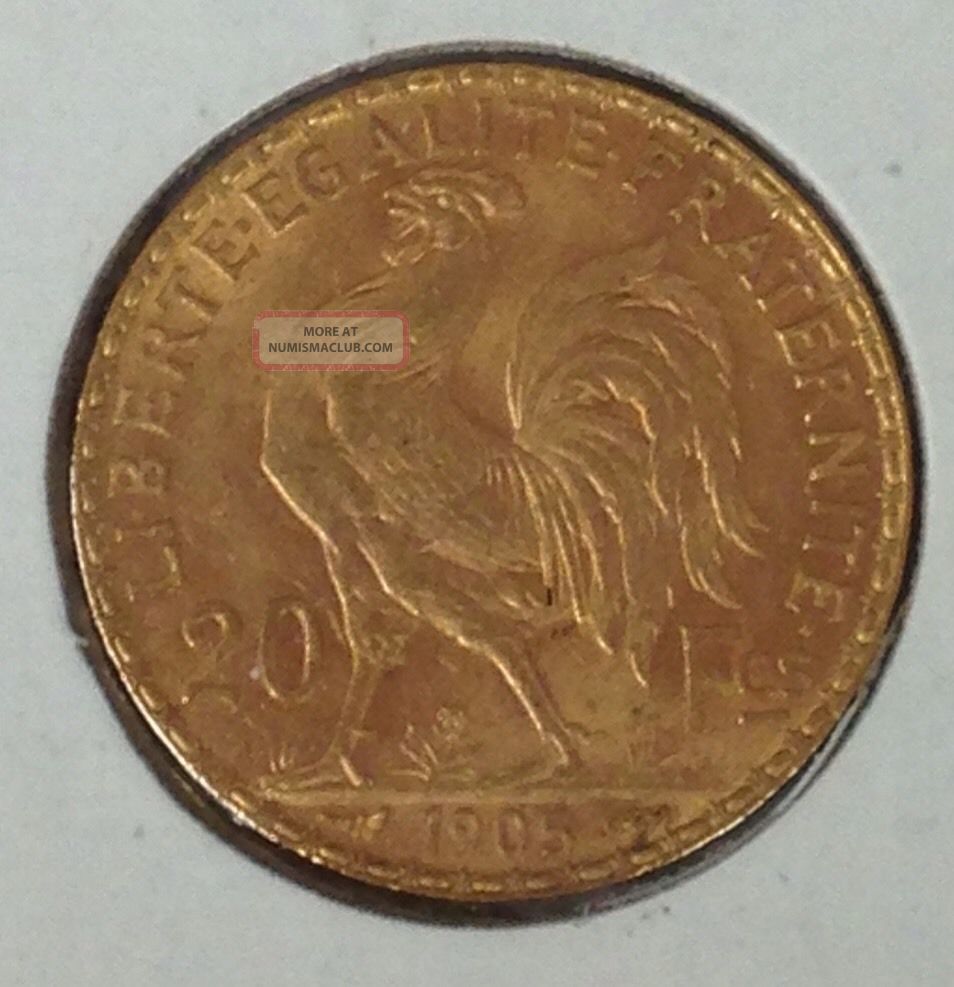 1905 France 20 Francs Rooster 6 45 G 900 Fine Gold Coin