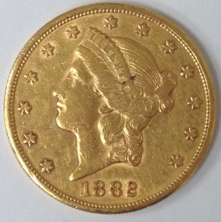 1882 - S $20 American Liberty Head Double Eagle Gold Coin Rare photo
