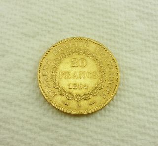 20 France Franc Gold Coin,  1894 A,  Over All Coin photo