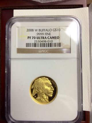 2008 W $10 Buffalo Gold 1/4 Oz Coin Ngc Pr 70 Ultra Cameo Ogp Deep Cameo Frosty photo