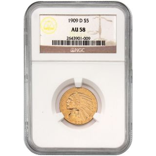 1909 D $5 Indian Head Au 58 Gold American Eagle Reserve Is $400.  00 4125 - 05 photo
