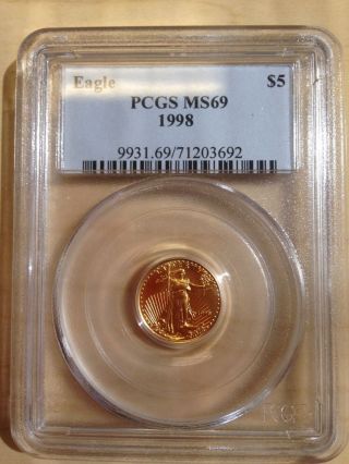 1998 Pcgs Ms 69 $5 Gold American Eagle 1/10 Ounce photo