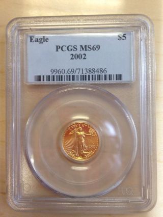 2002 Pcgs Ms 69 $5 Gold American Eagle 1/10 Ounce photo