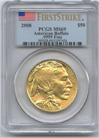 2008 Gold $50 Buffalo Pcgs Ms 69 First Strike Color photo