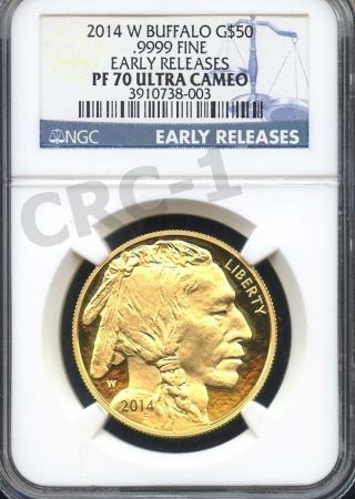 2014 W Buffalo G$50.  9999 Fine Early Releases Ngc Pf70 Ultra Cameo Blue Label photo