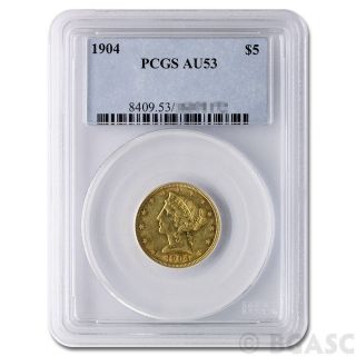 1904 Liberty Head Five Dollar Gold Coin Graded / Certified Pcgs Au53 photo