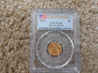 2013 $5 American Gold Eagle 1/10 Oz.  Pcgs Ms 70 First Strike photo