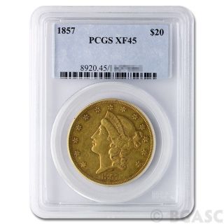 1857 Liberty Head Twenty Dollar Gold Coin Graded / Certified Pcgs Xf45 photo