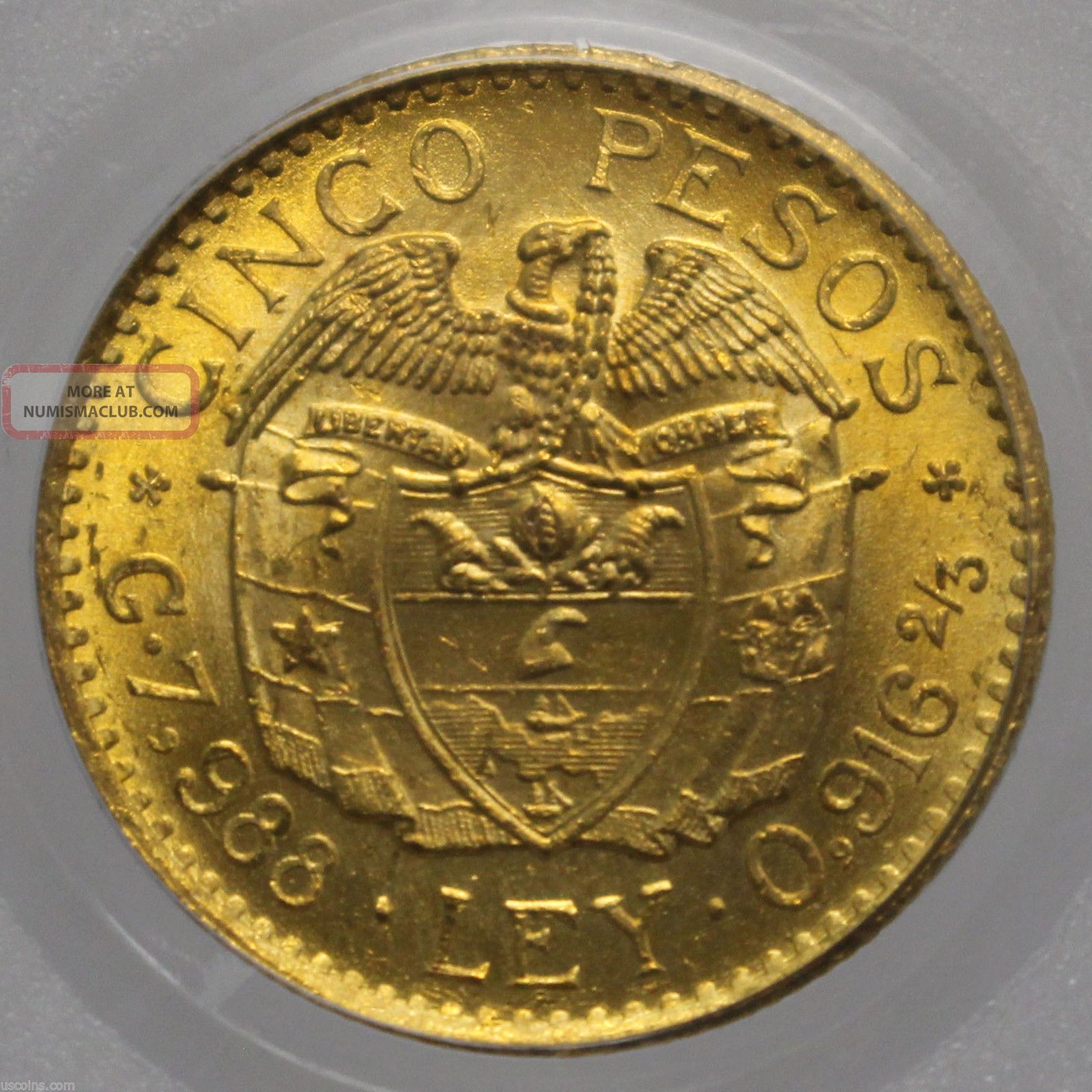 1925 Colombia Gold 5 Peso Simon Bolivar Medellin Km 204 Pcgs Ms 64 0925583b