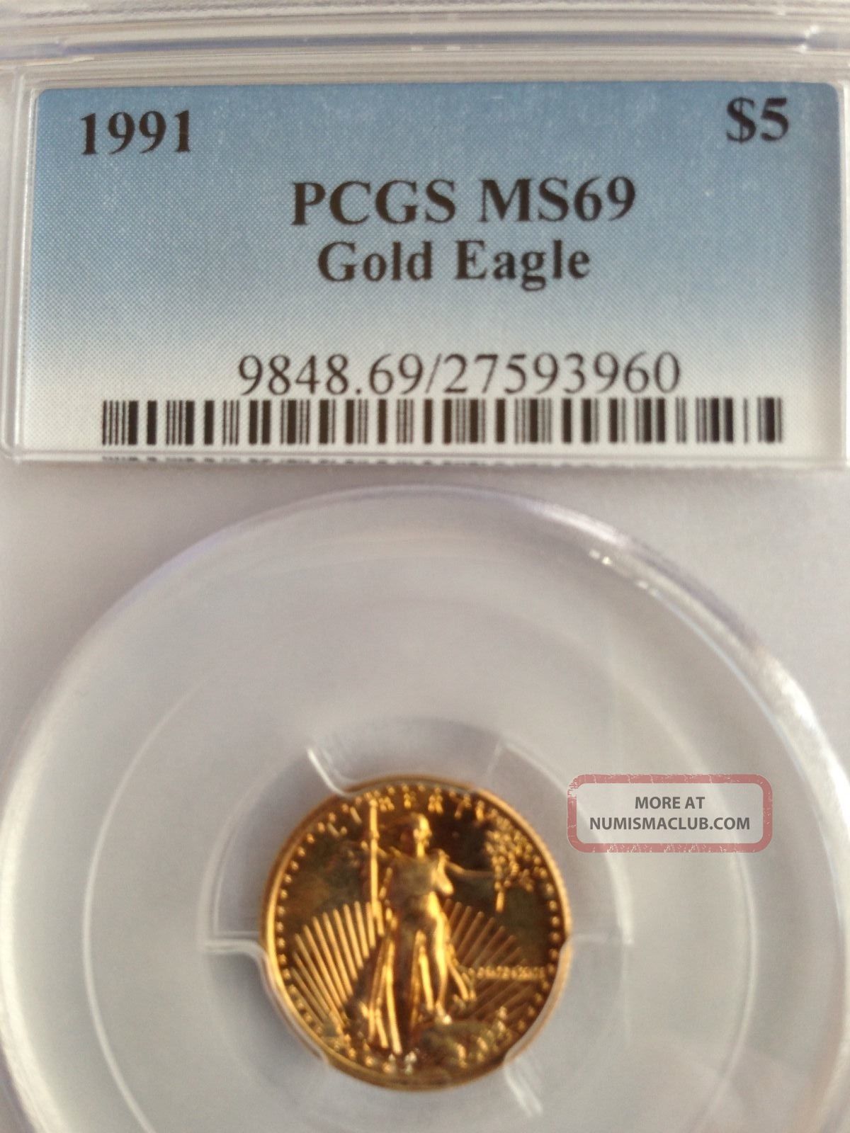 1991 American Gold Eagle Coin 1/10oz Pcgs Ms 69