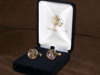1995 American Eagle Gold Cufflinks 1/10 Oz With Bezel - Never Worn Or photo
