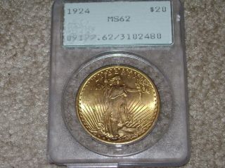 1924 $20.  00 Gold Saint Gaudens Graded Pcgs Ms 62 (old Rattler Holder) photo