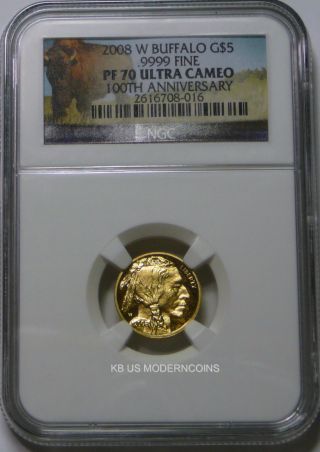 2008 W $5 Gold Buffalo 1/10oz.  Ngc Pf70 100th Anniversary Buffalo Label photo