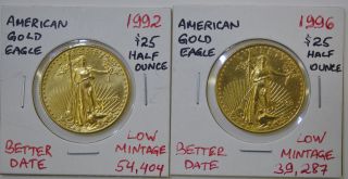 1992 & 1996 2 Pc.  $25 American Gold Eagles 1/2 Oz Each Low Mintage Better Dates photo