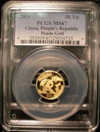 2008 China Gold Panda Pcgs Ms 67 50yn 1/10 Oz.  999 Fine Gold Coin photo