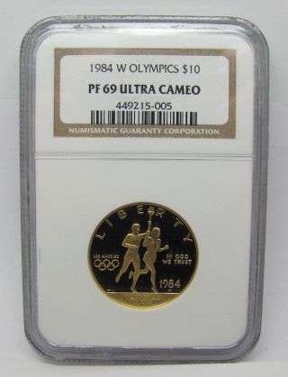 1984 W Olympics $10 Pf69 Ultra Cameo Ngc Certified Gold Half Ounce Gold Coin photo