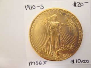 1910 - S $20 Saint Gaudens Gold Double Eagle Gem Brilliant Uncirculated photo