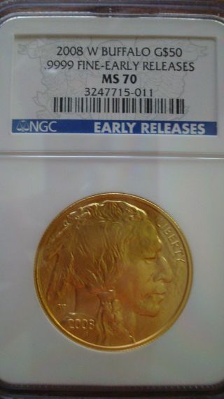 2008 - W Ngc Ms70 Early Release $50 Gold Buffalo.  9999 One Ounce 24k photo