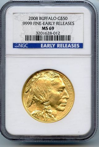 2008 $50 Gold Buffalo Early Releases Ngc Ms 69 1 Oz.  9999 Fine Gold Hucky photo