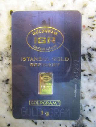 1 Gram 999.  9 24k Gold Bullion Bar Includes Certificate On Back Of Card photo