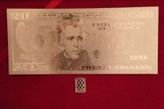 Silver Gold $20 Bill Banknote 1 Gram.  999 Pure Silver Bar Round Bullion photo