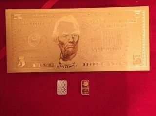 24k Gold $5 Bill Bank Note W/ 1 Gram.  999 Pure Silver Bar And 1 Gram.  999 Copper photo