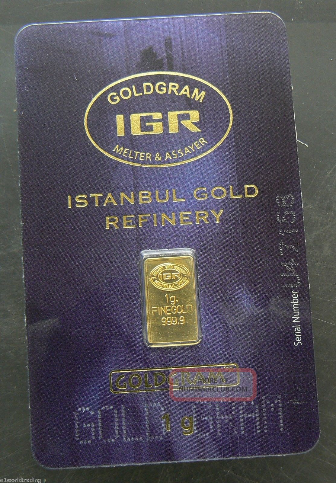 1 Gram Gold Igr Goldgram.  9999 Pure Bar Ingot With Serial On Card Gold photo