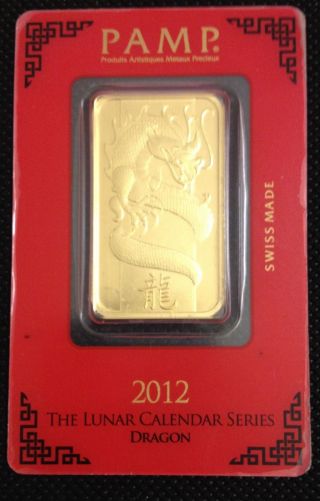 2012 1 Oz Pamp Suisse Year Of The Dragon Pure 999.  9 Fine Gold Bar Bullion Assay photo