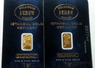 1 Gram Gold Bar X 2 Istanbul Gold.  999 Pure Gold W/assay Card 2 Grams Total photo
