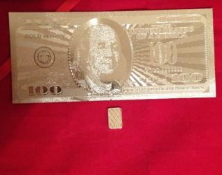 Silver Gold $100 Bill Banknote 1 Gram.  999 Pure Silver Bar Round Bullion photo