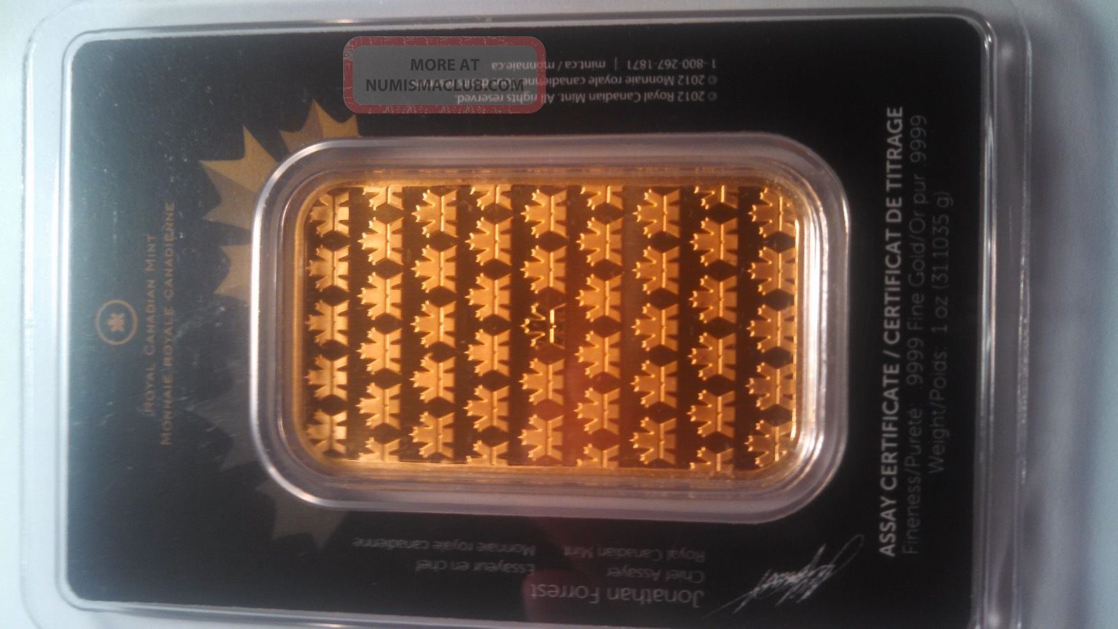 1 Oz Royal Canadian Rcm Gold Bar. 9999 Fine