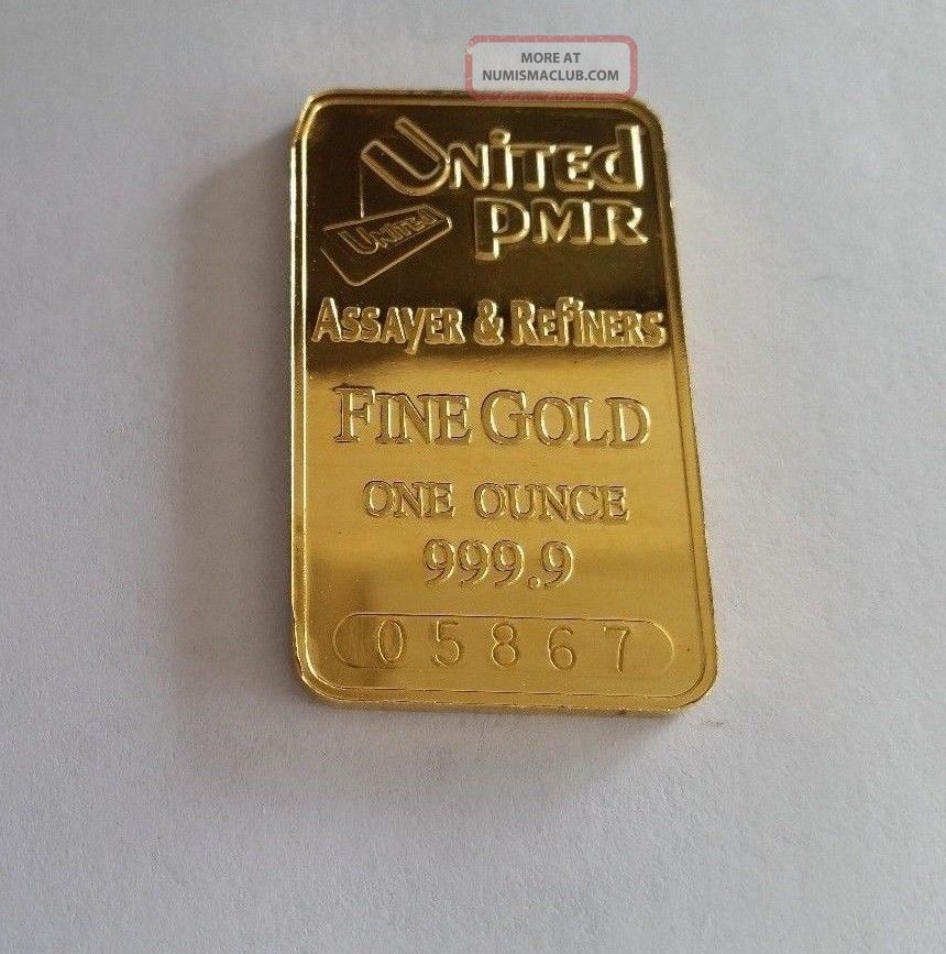 1oz Gold Bar " United Pmr " 999. 9 Fine Gold Ships