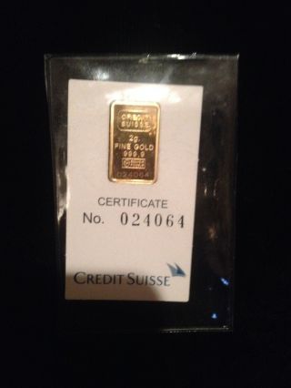 1985 2 Gram 999.  9 Fine Gold Credit Suisse Bar 024064 photo