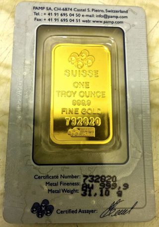 1 Oz Pamp Suisse Gold Bar (in Assay) Troy Ounce Fine Gold photo